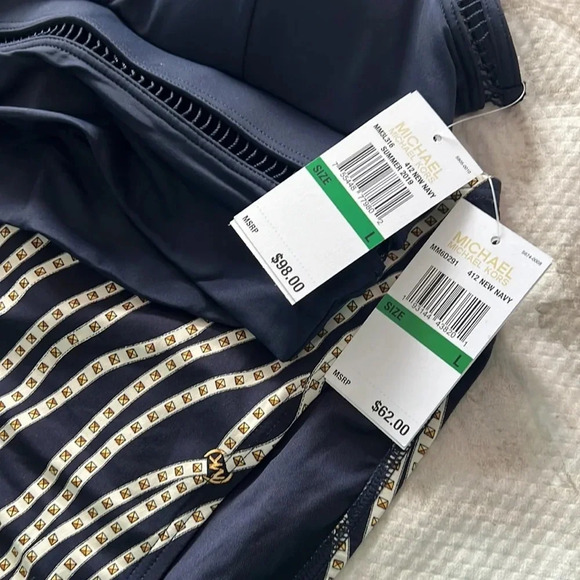 Michael Kors Solid Deep V Crop Bikini Top Large Navy Blue and Bottom Size Large - Picture 10 of 10